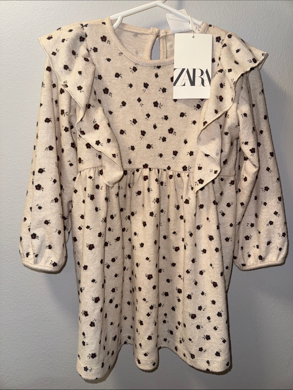 Zara Cream Dress with Black and Dark Red Floral Print - 3 yr